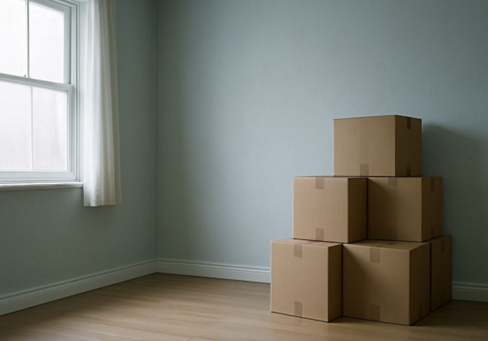 Empty room with cardboard boxes representing end of tenancy cleaning services by Stonebrook Cleaning co
